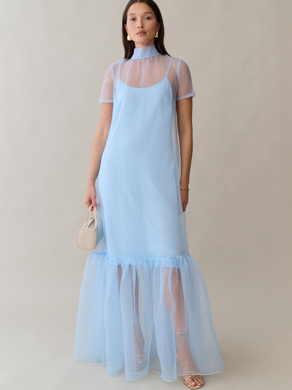 Light Blue Sheer Maxi Dress with Ruffle Hem